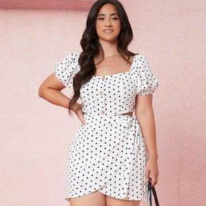 Polka Dot Puff Sleeve Crop Top & Wrap Knot Skirt Set